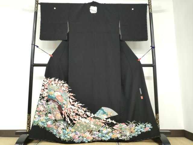 平和屋着物●本加賀友禅作家 佐藤潤 黒留袖 扇面にながれ梅 正絹 逸品 未使用 DABC2773ud