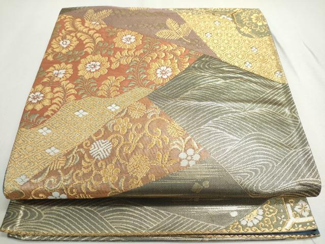 平和屋着物◎六通柄袋帯 切嵌草花文 金糸 正絹 逸品 DABC2824ud