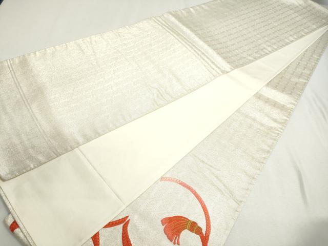 平和屋着物◎太鼓柄袋帯 総刺繍 結び紐文 金銀糸 正絹 逸品 DABC2847ud