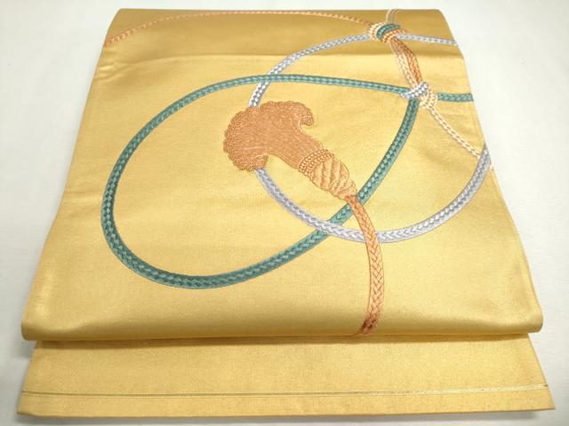 平和屋着物◎中国三大刺繍 相良刺繍 太鼓柄袋帯 駒刺繍 結び紐文 金糸 正絹 逸品 DABC2848ud