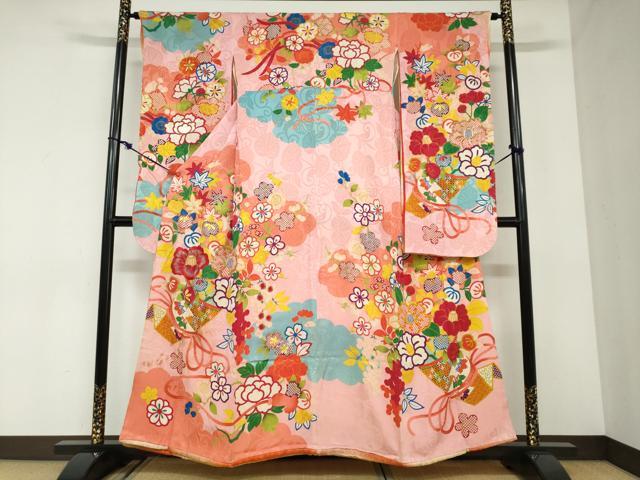 平和屋本店●アンティーク 大正ロマン 振袖 駒刺繍 吉祥草花文 金銀糸 正絹 逸品 DABC2932ud