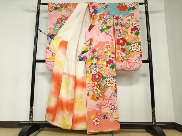 平和屋本店●アンティーク 大正ロマン 振袖 駒刺繍 吉祥草花文 金銀糸 正絹 逸品 DABC2932ud