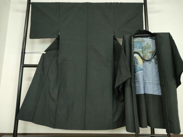 平和屋着物●男性 紬 アンサンブル 長羽織 黒色 正絹 逸品 DABC3033az