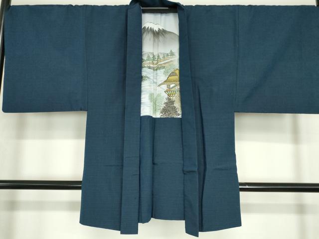 平和屋着物●男性 生紬 米沢織 アンサンブル 長羽織・長襦袢(無双)セット 紺色 証紙付き 正絹 逸品 DABC3036az