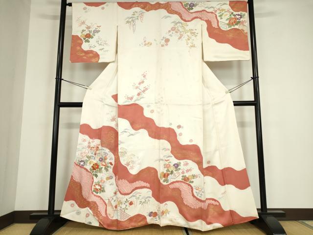 平和屋着物●創業460年・千總 訪問着 駒刺繍 絞り 御所車花文 金彩 正絹 逸品 DABC3059az