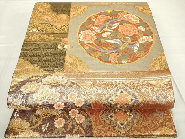 平和屋着物▼両面 六通柄袋帯 鳳凰牡丹文 金糸 正絹 逸品 DABC3093az