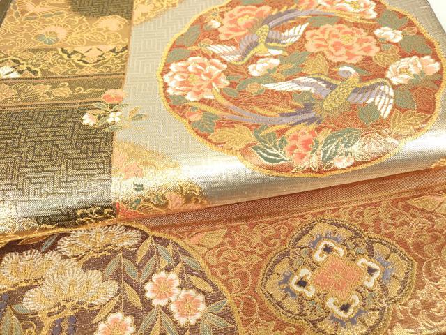 平和屋着物▼両面 六通柄袋帯 鳳凰牡丹文 金糸 正絹 逸品 DABC3093az