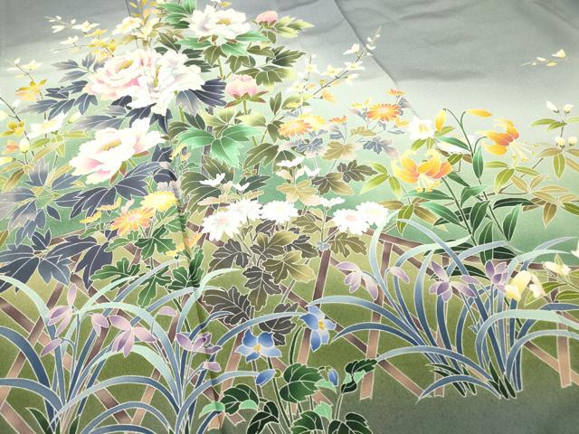 平和屋着物●十日町友禅作家 岡村蒼風 色留袖 籬花文 暈し染め 反端付き 正絹 逸品 未使用 DABC3195az