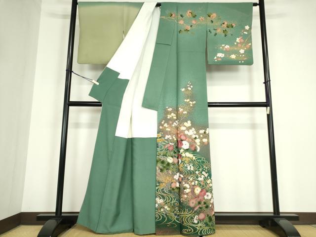 平和屋着物●訪問着 刺繍 流水花文 暈し染め 金彩 正絹 逸品 DABC3205az