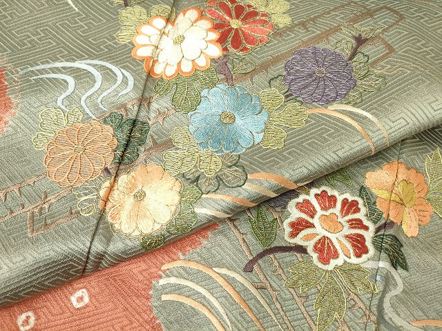 平和屋着物●訪問着 刺繍 絞り 道長花文 金糸 正絹 逸品 DABC3453az