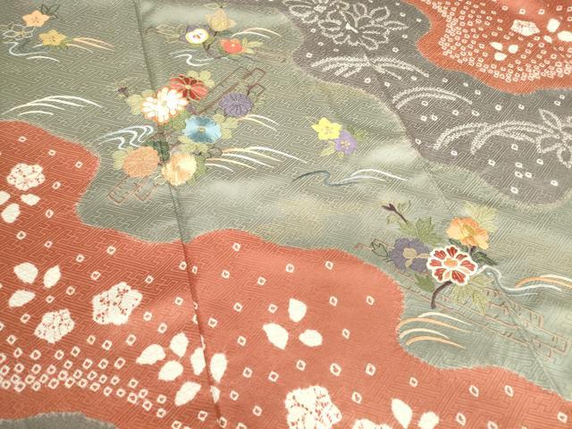 平和屋着物●訪問着 刺繍 絞り 道長花文 金糸 正絹 逸品 DABC3453az