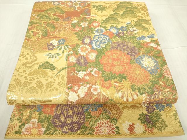 平和屋着物▼六通柄袋帯 屏風吉祥花文 金糸 正絹 逸品 DABC3463az