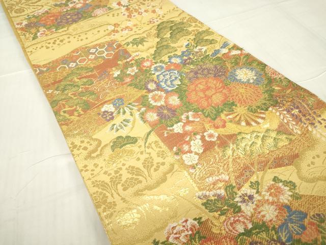 平和屋着物▼六通柄袋帯 屏風吉祥花文 金糸 正絹 逸品 DABC3463az