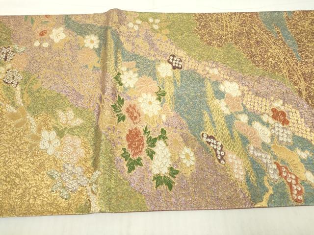 平和屋着物▼六通柄袋帯 花車文 金糸 正絹 逸品 DABC3468az