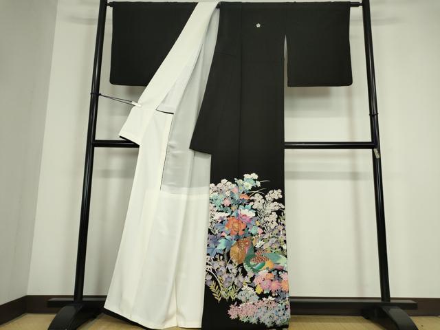 平和屋着物●豪華黒留袖 友禅 作家物 尾長鳥花文 正絹 逸品 DABC3579az