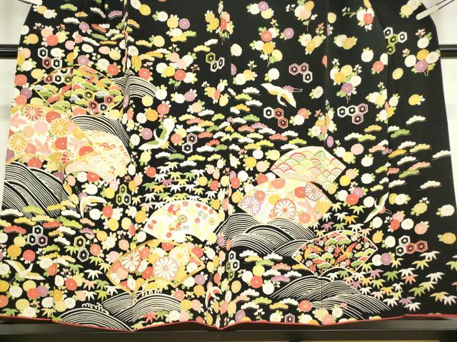 平和屋着物●訪問着 駒刺繍 地紙飛鶴花文 鬼しぼ縮緬 黒地 金彩 正絹 逸品 DABC3632az