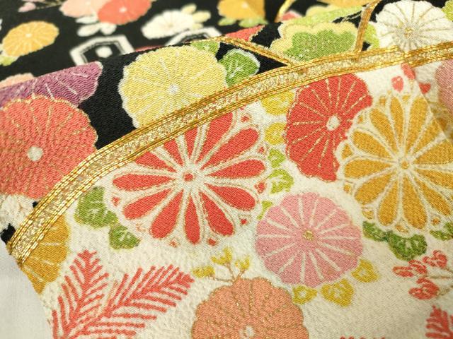平和屋着物●訪問着 駒刺繍 地紙飛鶴花文 鬼しぼ縮緬 黒地 金彩 正絹 逸品 DABC3632az
