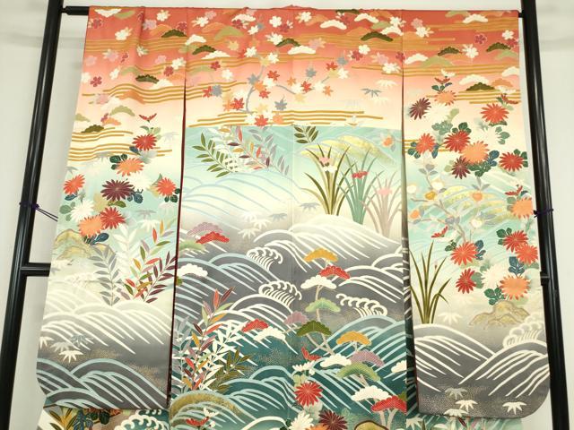 平和屋着物●豪華振袖 駒刺繍 水辺風景花文 金彩 正絹 逸品 DABC3642az