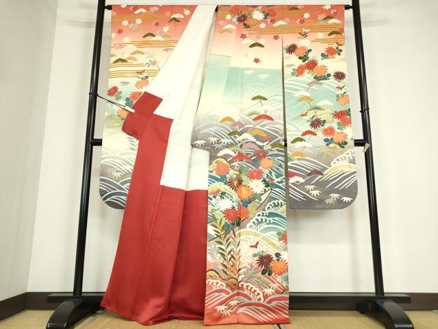 平和屋着物●豪華振袖 駒刺繍 水辺風景花文 金彩 正絹 逸品 DABC3642az