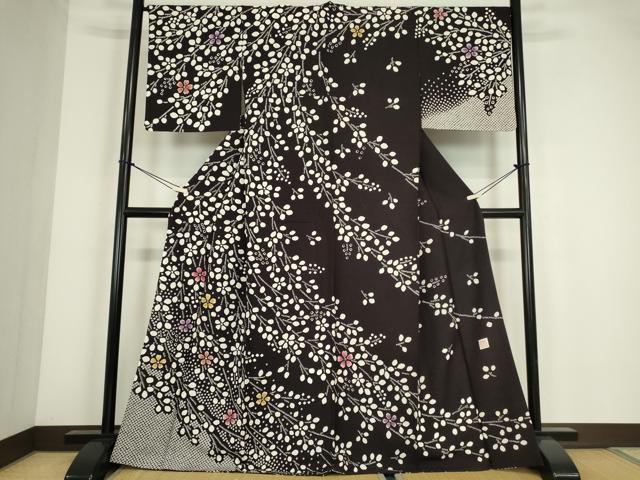 平和屋着物●訪問着 作家物 枝花文 黒地 正絹 逸品 DABC3673az