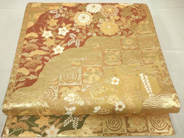 平和屋着物▼六通柄袋帯 吉祥花文 金糸 鈴乃屋扱い 正絹 逸品 DABC3734az