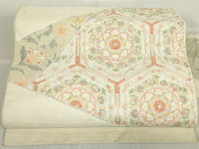 平和屋着物▼綴れ 九寸名古屋帯 駒刺繍 総刺繍 正倉院花文 銀糸 正絹 逸品 DABC3888az