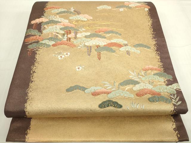 平和屋着物▼総刺繍 太鼓柄袋帯 花松文 金糸 引箔 正絹 逸品 DABC3893az
