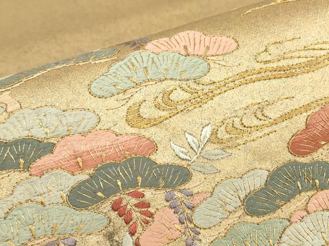 平和屋着物▼総刺繍 太鼓柄袋帯 花松文 金糸 引箔 正絹 逸品 DABC3893az
