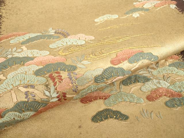 平和屋着物▼総刺繍 太鼓柄袋帯 花松文 金糸 引箔 正絹 逸品 DABC3893az