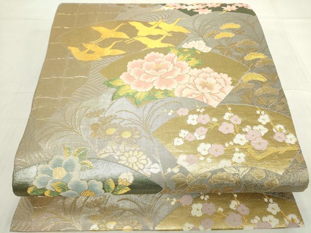 平和屋着物▼六通柄袋帯 地紙飛鶴花文 金糸 正絹 逸品 DABC3900az
