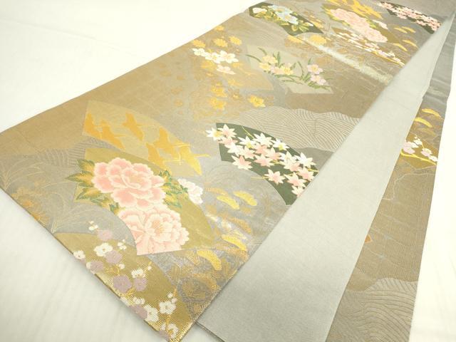 平和屋着物▼六通柄袋帯 地紙飛鶴花文 金糸 正絹 逸品 DABC3900az