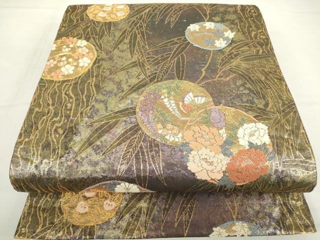 平和屋着物▼両面 六通柄袋帯 花蝶丸文 金糸 正絹 逸品 DABC3979az