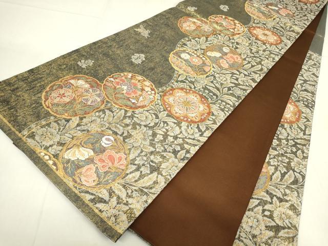 平和屋着物▼六通柄袋帯 更紗花蝶文 金糸 正絹 逸品 DABC3998az