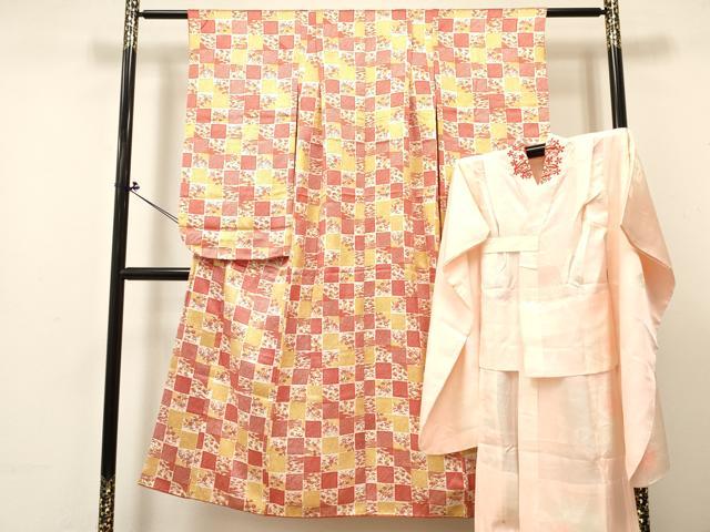 平和屋着物∵女の子 十三参り 子供 祝着・長襦袢(無双仕立て・半衿刺繍)セット 松竹梅 市松文様 逸品 DABC5268ma