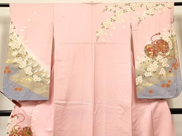 平和屋着物∵女の子 十三参り 子供 祝着 鼓飛鶴花文 暈し染め 金彩 逸品 DABC5286ma