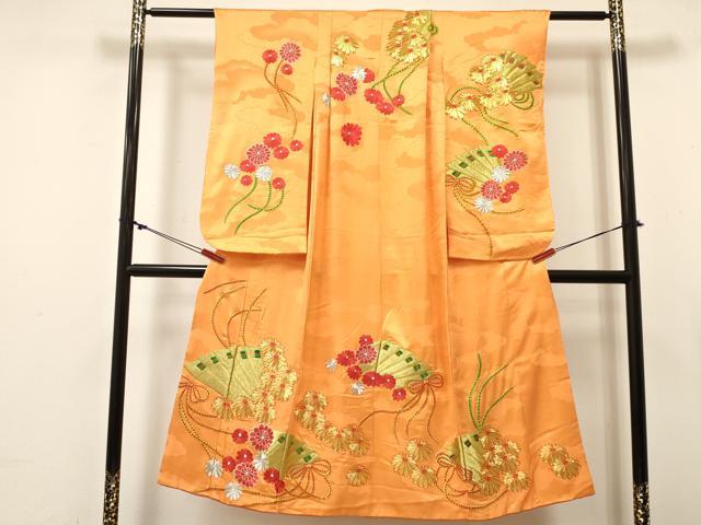 平和屋着物∵女の子 十三参り 子供 祝着 駒刺繍 総刺繍 檜扇花文 金銀糸 逸品 DABC5451ma