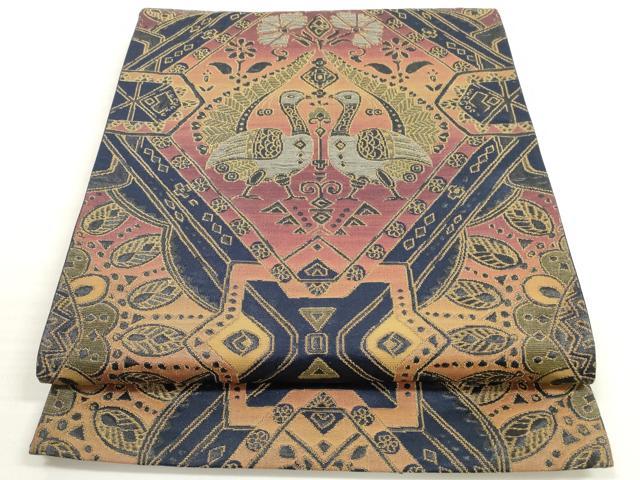 平和屋着物◎六通柄袋帯 向い鳥草花文 金糸 正絹 逸品 DABC5609xg