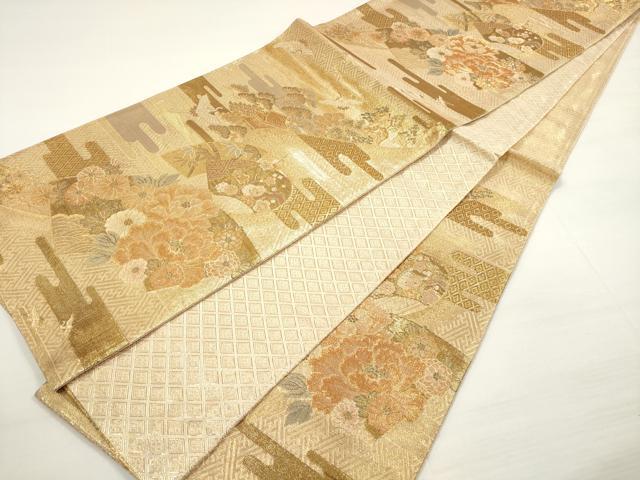 平和屋着物◎佐賀錦 六通柄袋帯 エ霞地紙花鳥文 松竹梅 金糸 正絹 逸品 DABC5716xg