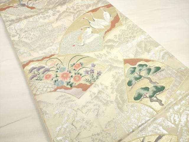 平和屋着物◎六通柄袋帯 唐織 地紙群れ鶴花松文 金銀糸 正絹 逸品 DABC5878xg