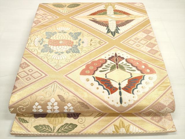 平和屋着物◎六通柄袋帯 唐織 双鶴花蝶文 金糸 正絹 逸品 DABC5882xg