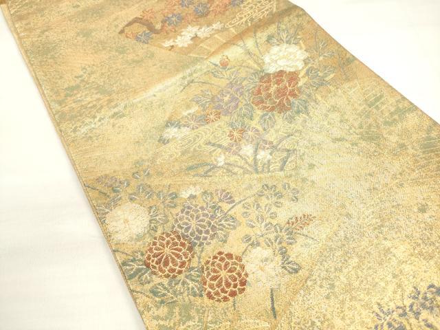 平和屋着物◎佐賀錦 六通柄袋帯 扇面草花文 金糸 正絹 逸品 DABC5907xg