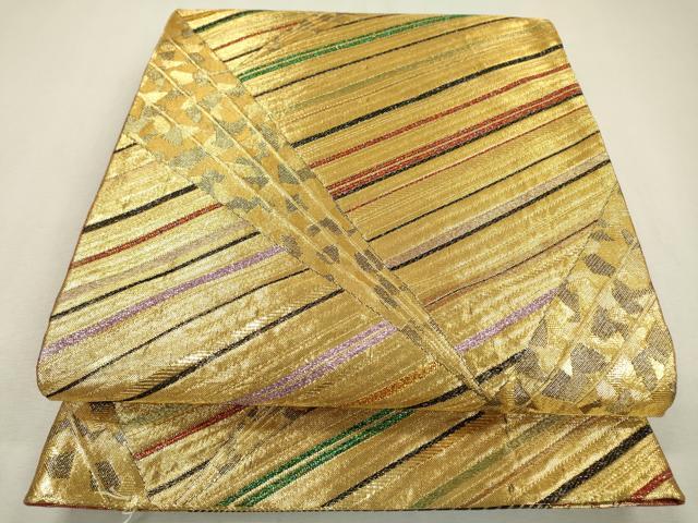 平和屋着物▽佐賀錦 両面 六通柄袋帯 斜線文 金糸 正絹 逸品