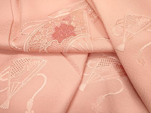 平和屋着物▼中国三大刺繍 スワトウ刺繍 汕頭刺繍 総刺繍 訪問着 扇面花文 珊瑚色 正絹 逸品 DABC6713fe