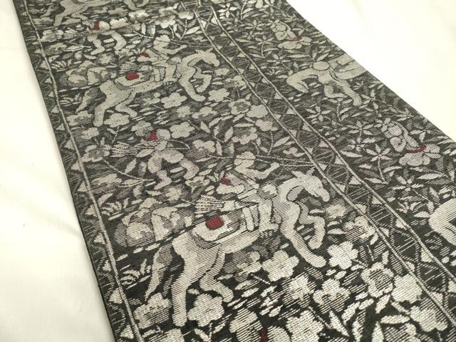 平和屋着物●六通柄袋帯 紬地 狩猟花文 黒地 銀糸 さが美扱い 正絹 逸品 DABC6802fe