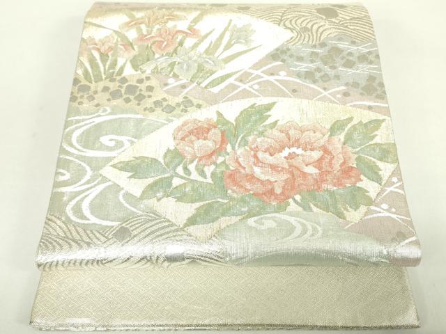 平和屋着物◎佐賀錦 太鼓柄袋帯 流水花文 銀糸 正絹 逸品 DABC7847ya