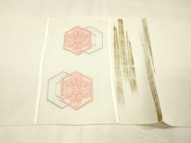 平和屋着物*夏物 絽綴れ 八寸名古屋帯 ドロンワーク 吉祥花文 金銀糸 正絹 逸品 DABC8134cm