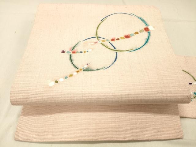 平和屋着物●九寸名古屋帯 紬地 駒刺繍 抽象丸文 金糸 銀通し地 正絹 逸品 DABC8183cm