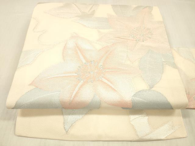 平和屋着物*夏物 九寸名古屋帯 竹垣蔦の葉花文 銀糸 正絹 逸品 DABC8280cm