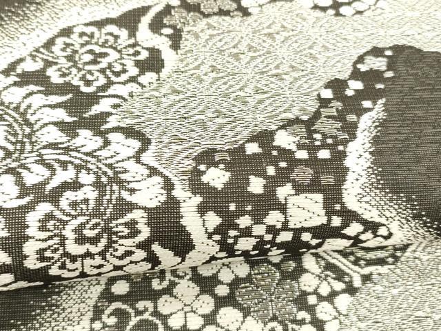 平和屋着物*夏物 六通柄袋帯 唐織 蜀江花唐草文 黒地 銀糸 正絹 逸品 DABC8301cm