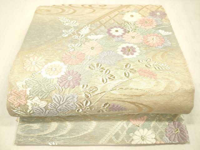 平和屋着物*夏物 六通柄袋帯 唐織 流水草花文 金糸 正絹 逸品 DABC8328cm